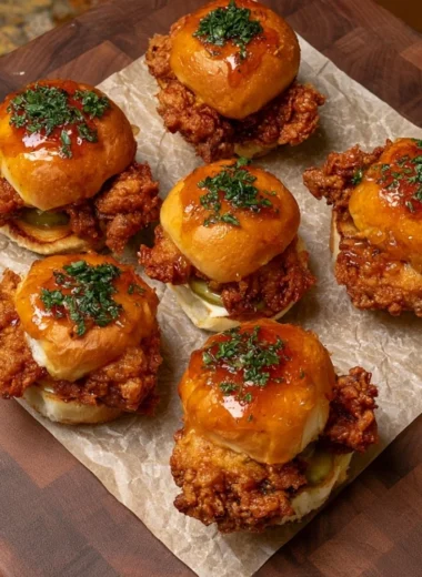 Crispy chicken sliders topped with honey ranch sauce on a wooden platter.