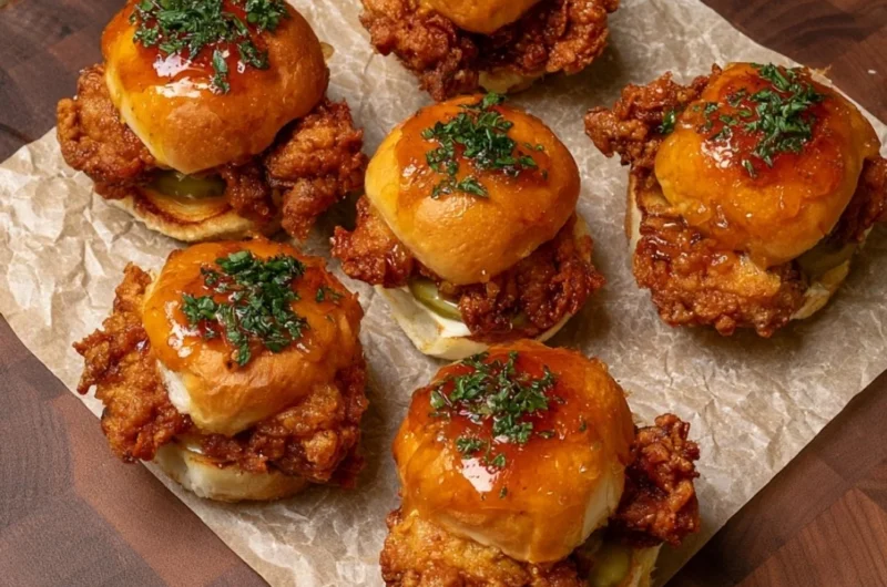 Crispy chicken sliders topped with honey ranch sauce on a wooden platter.