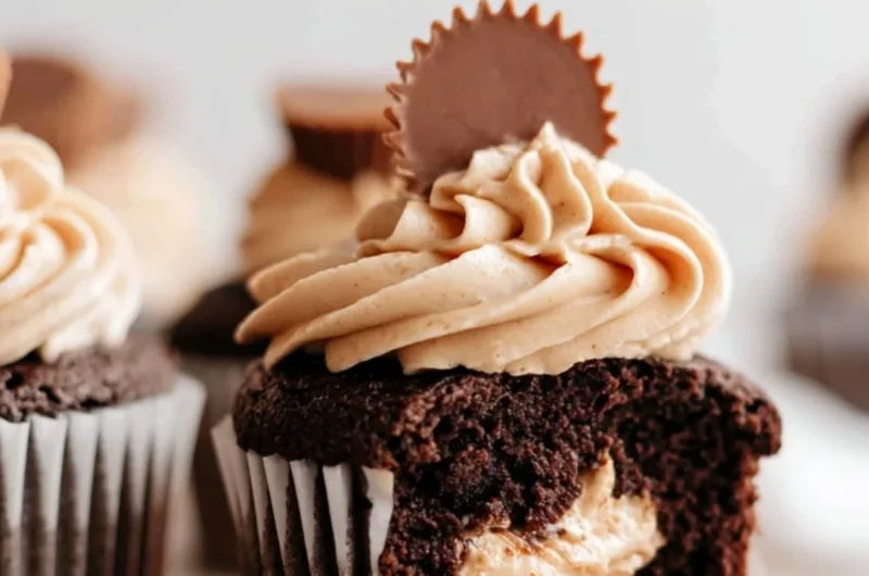 Delicious dark chocolate cupcakes with creamy peanut butter marshmallow fluff topping