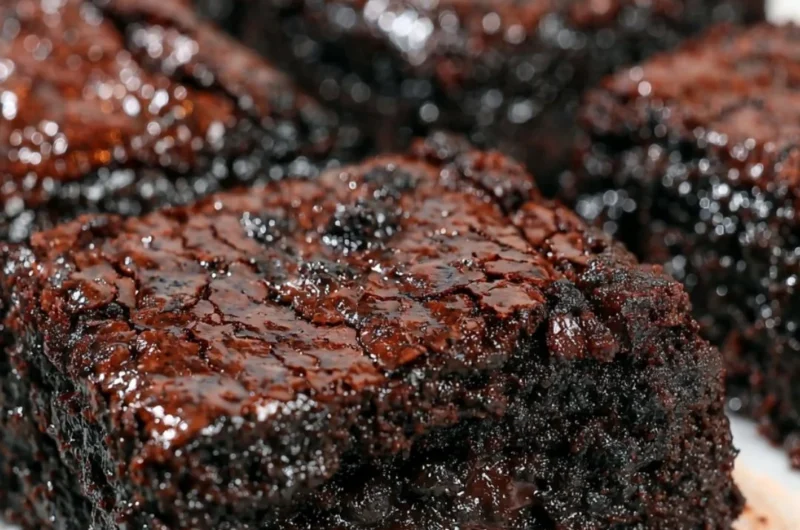 Delicious easy sourdough brownies on a plate, topped with chocolate glaze.