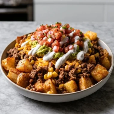 Loaded potato taco bowl topped with fresh ingredients and spices.