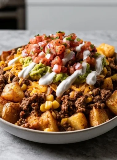 Loaded potato taco bowl topped with fresh ingredients and spices.