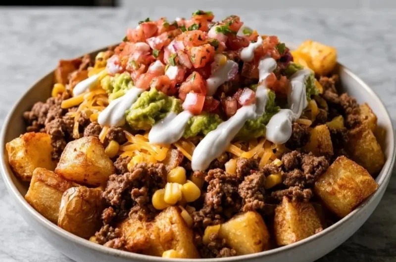 Loaded potato taco bowl topped with fresh ingredients and spices.
