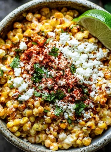 Deliciously grilled Mexican street corn topped with creamy sauce and cheese