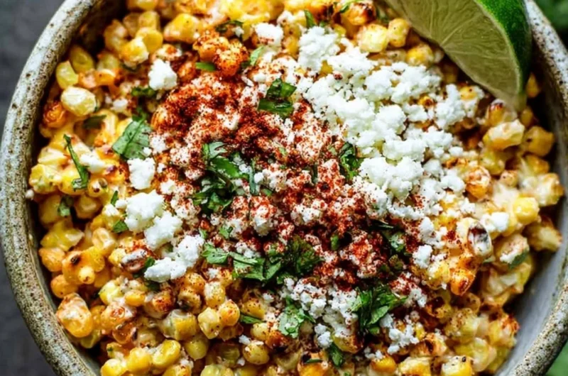 Deliciously grilled Mexican street corn topped with creamy sauce and cheese