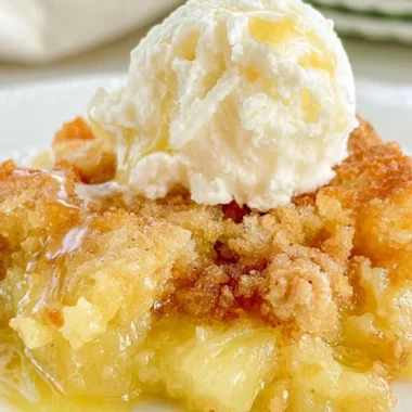 Delicious slice of Pineapple Dump Cake topped with whipped cream and cherries