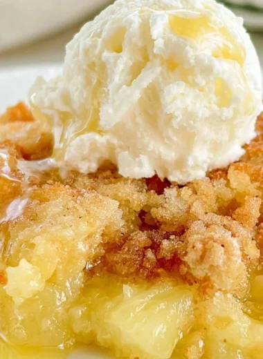 Delicious slice of Pineapple Dump Cake topped with whipped cream and cherries