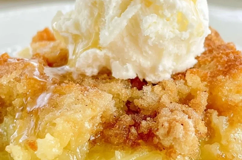 Delicious slice of Pineapple Dump Cake topped with whipped cream and cherries