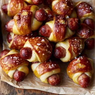 Pretzel pigs in a blanket served on a platter for a party snack.