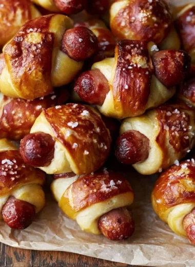 Pretzel pigs in a blanket served on a platter for a party snack.