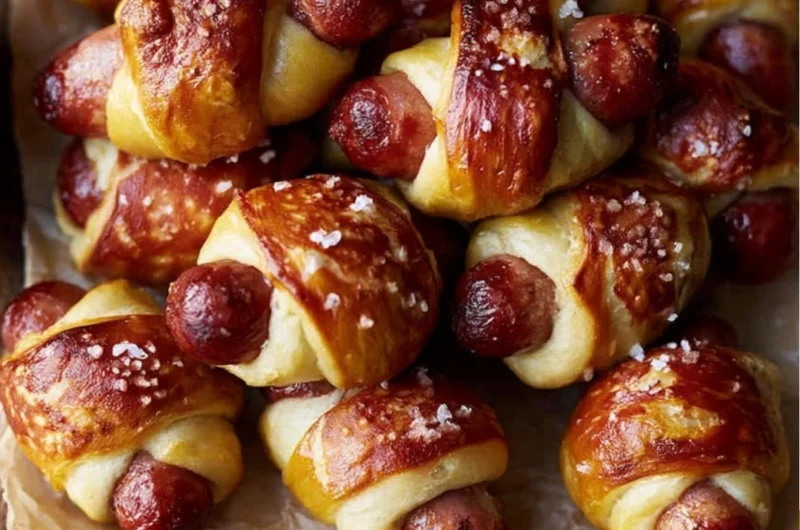 Pretzel pigs in a blanket served on a platter for a party snack.