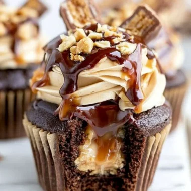 Decadent Snickers Cupcakes topped with chocolate, caramel, and peanuts
