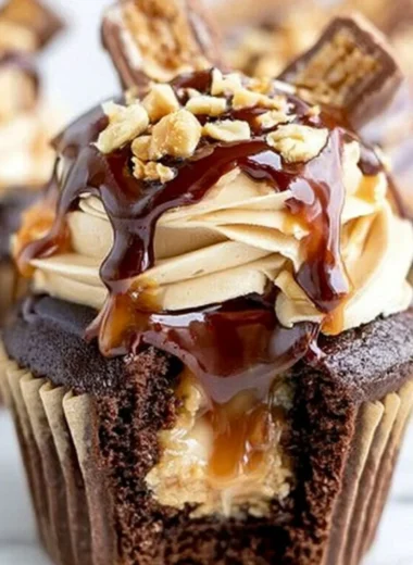 Decadent Snickers Cupcakes topped with chocolate, caramel, and peanuts