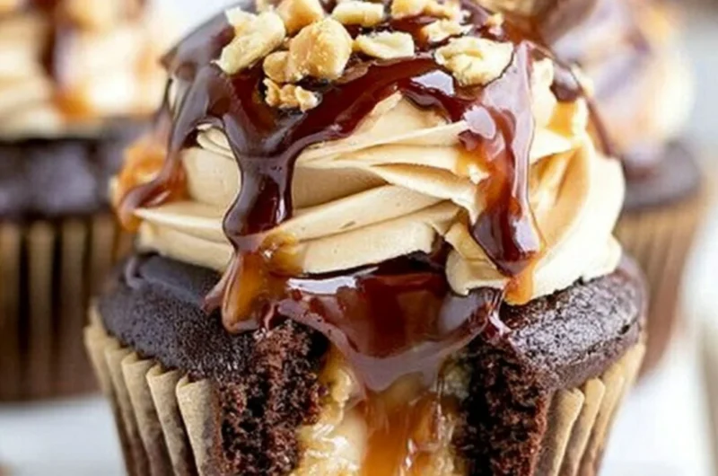 Decadent Snickers Cupcakes topped with chocolate, caramel, and peanuts
