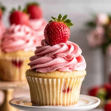 Delicious strawberry jam cupcakes topped with fresh frosting and berries.