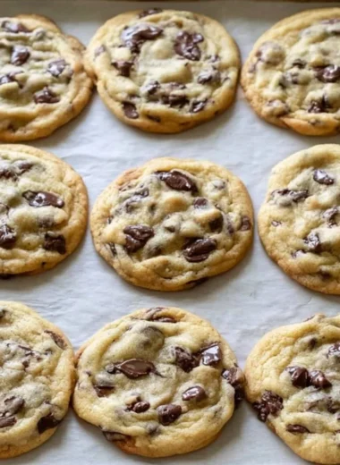 Delicious homemade chocolate chip cookies on a baking tray.