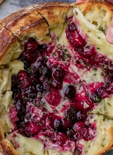 Baked cranberry brie in a bread bowl served with fresh herbs and crackers.