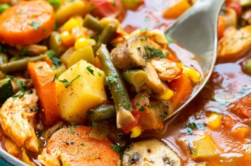 Delicious homemade Chicken Vegetable Soup with fresh vegetables and chicken pieces