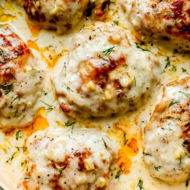 Creamy oven baked chicken thighs served on a plate with herbs and sides