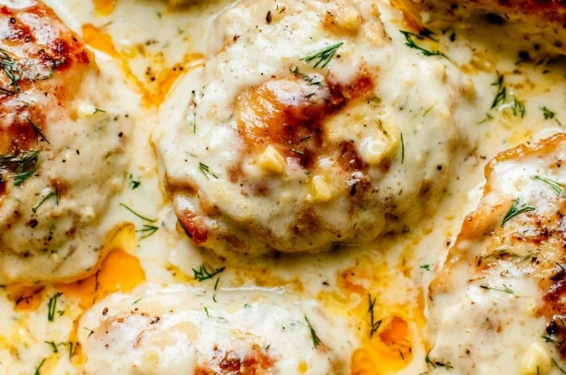 Creamy oven baked chicken thighs served on a plate with herbs and sides