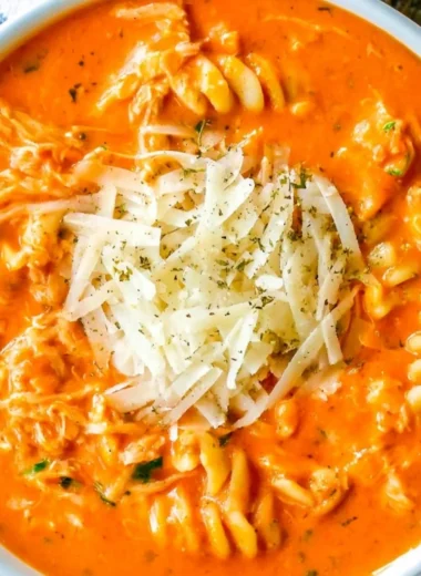 Delicious Crockpot Chicken Parmesan Soup in a bowl