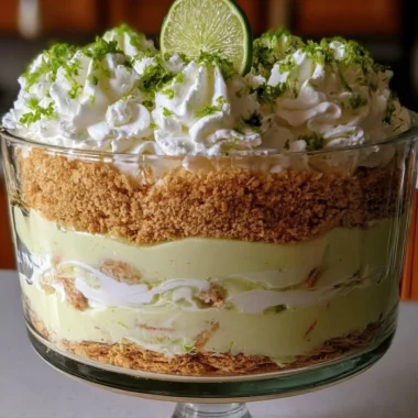 Layered Key Lime Pie Trifle dessert in glass dish with lime slices and whipped cream.
