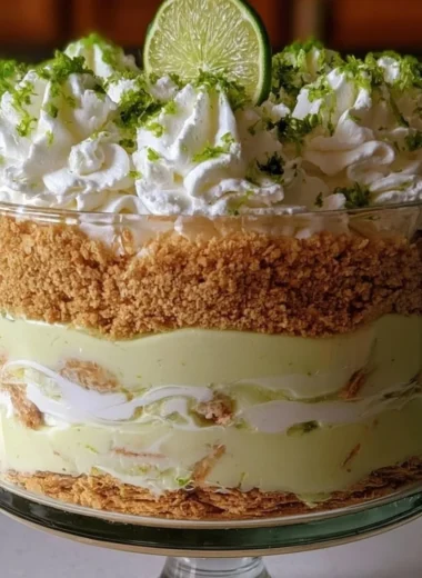 Layered Key Lime Pie Trifle dessert in glass dish with lime slices and whipped cream.