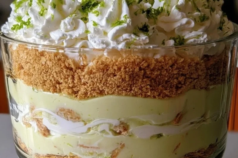 Layered Key Lime Pie Trifle dessert in glass dish with lime slices and whipped cream.