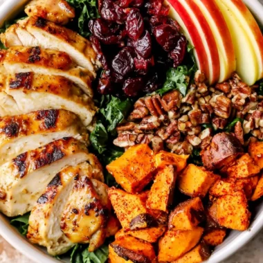 Harvest Chicken Bowls topped with Maple Dijon Dressing