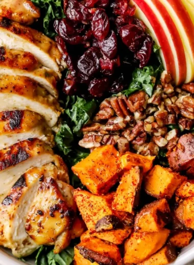 Harvest Chicken Bowls topped with Maple Dijon Dressing