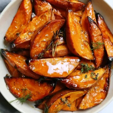 Bowl of honey roasted sweet potato cubes garnished with herbs.