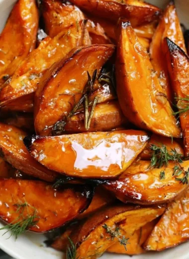 Bowl of honey roasted sweet potato cubes garnished with herbs.