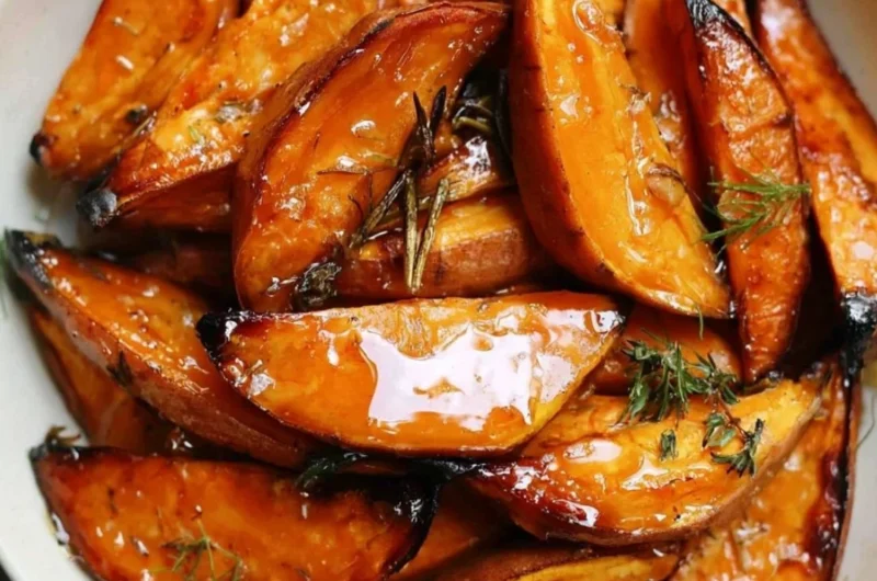 Bowl of honey roasted sweet potato cubes garnished with herbs.