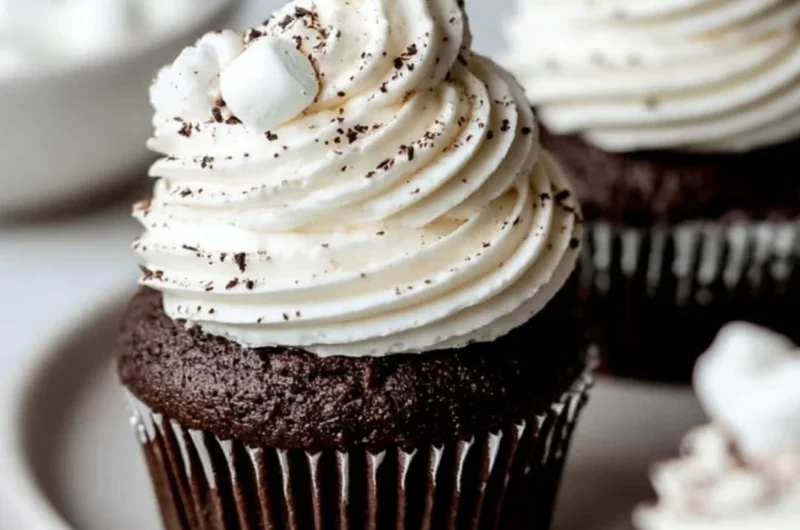 Hot chocolate cupcakes with marshmallow buttercream frosting on a plate