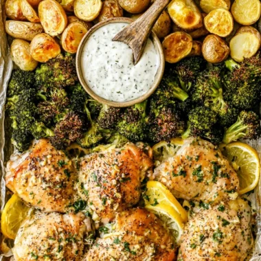Delicious Lemon Garlic Chicken with potatoes and broccoli on a sheet pan