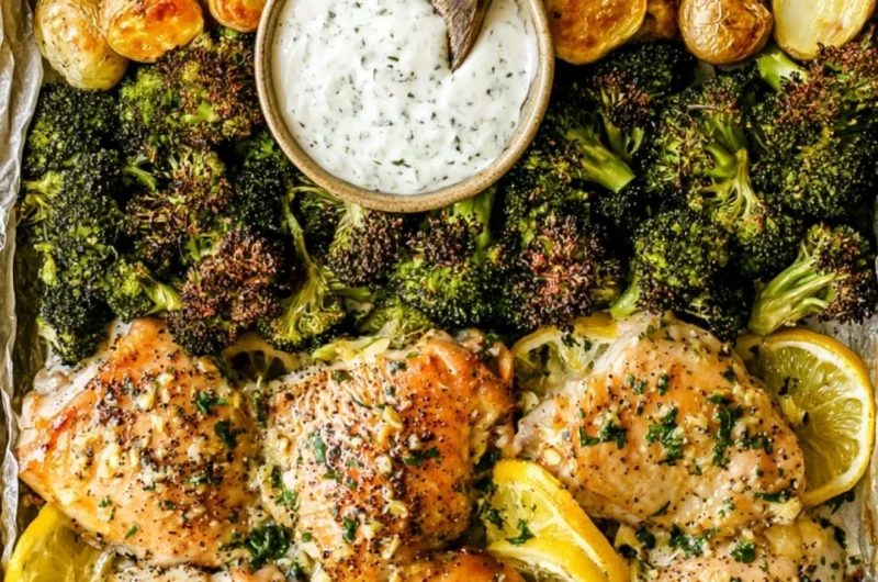 Delicious Lemon Garlic Chicken with potatoes and broccoli on a sheet pan