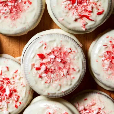 Peppermint Bark Oreos topped with crushed candy canes