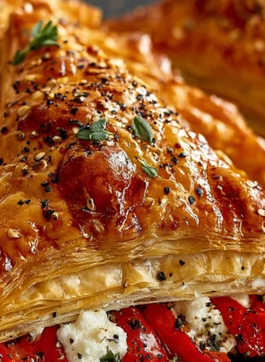 Flaky puff pastry filled with roasted red pepper and feta triangles appetizer