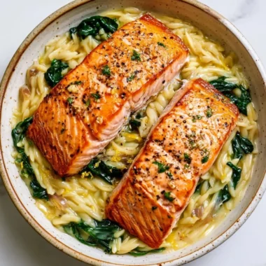 Plate of seared salmon served with lemon orzo on a rustic wooden table