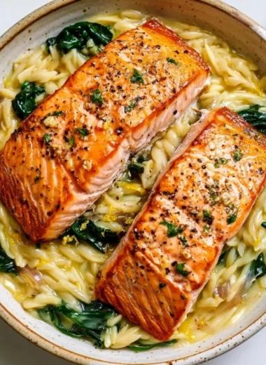 Plate of seared salmon served with lemon orzo on a rustic wooden table