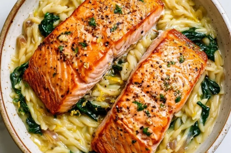 Plate of seared salmon served with lemon orzo on a rustic wooden table