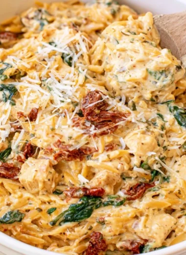 Delicious Slow Cooker Creamy Tuscan Chicken Orzo served in a bowl